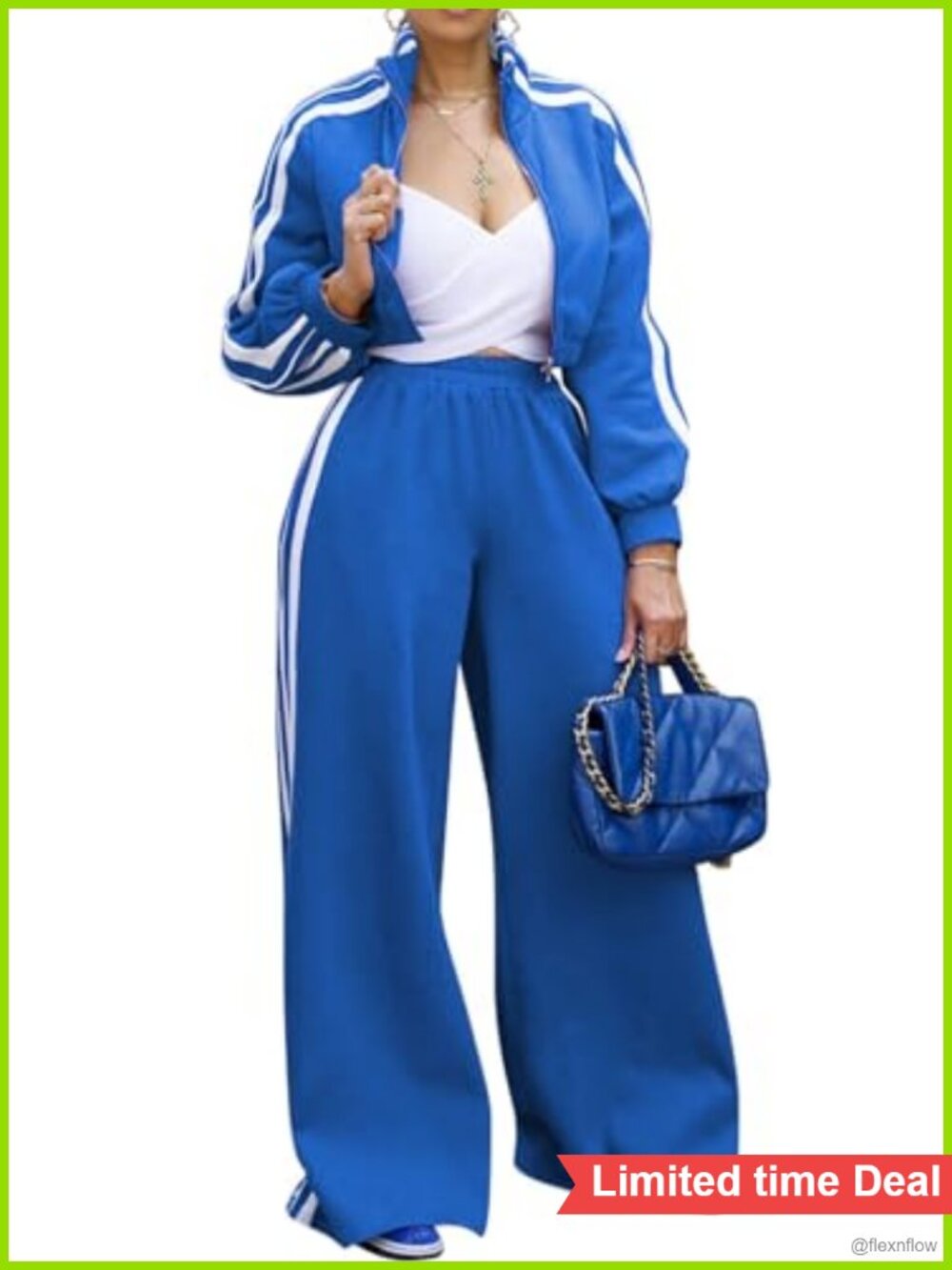 Striped 2 Piece Sweatsuit Set Long Sleeve Zip Crop Jacket Wide Leg Pants